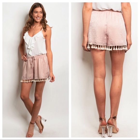 Pink & Cream Velvet Tassel Fringe Spring Shorts - Picture 3 of 4